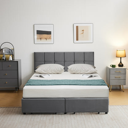 Queen/Full Size Platform Bed Frame with 2 Drawers, Fabric Upholstered Headboard