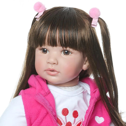 24" Reborn Baby Doll Silicone Doll Long Hair Pink Dress Girl