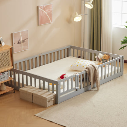 Montessori Floor Bed Frame, Full Size Kids Toddler Bed with Fence and Door, Wooden Platform Bed