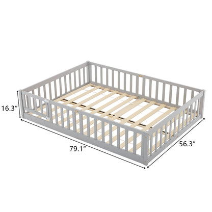 Montessori Floor Bed Frame, Full Size Kids Toddler Bed with Fence and Door, Wooden Platform Bed