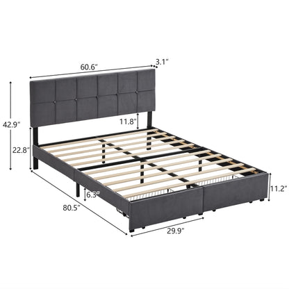 Queen/Full Size Platform Bed Frame with 2 Drawers, Fabric Upholstered Headboard