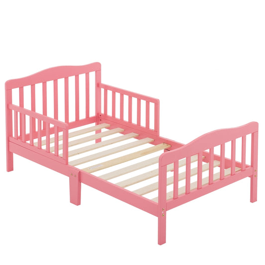 Toddler Bed, Wood Kids Bedframe Children Classic Sleeping Bedroom Furniture w/Safety Rail Fence