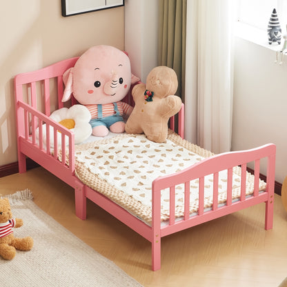 Toddler Bed, Wood Kids Bedframe Children Classic Sleeping Bedroom Furniture w/Safety Rail Fence