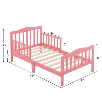 Toddler Bed, Wood Kids Bedframe Children Classic Sleeping Bedroom Furniture w/Safety Rail Fence